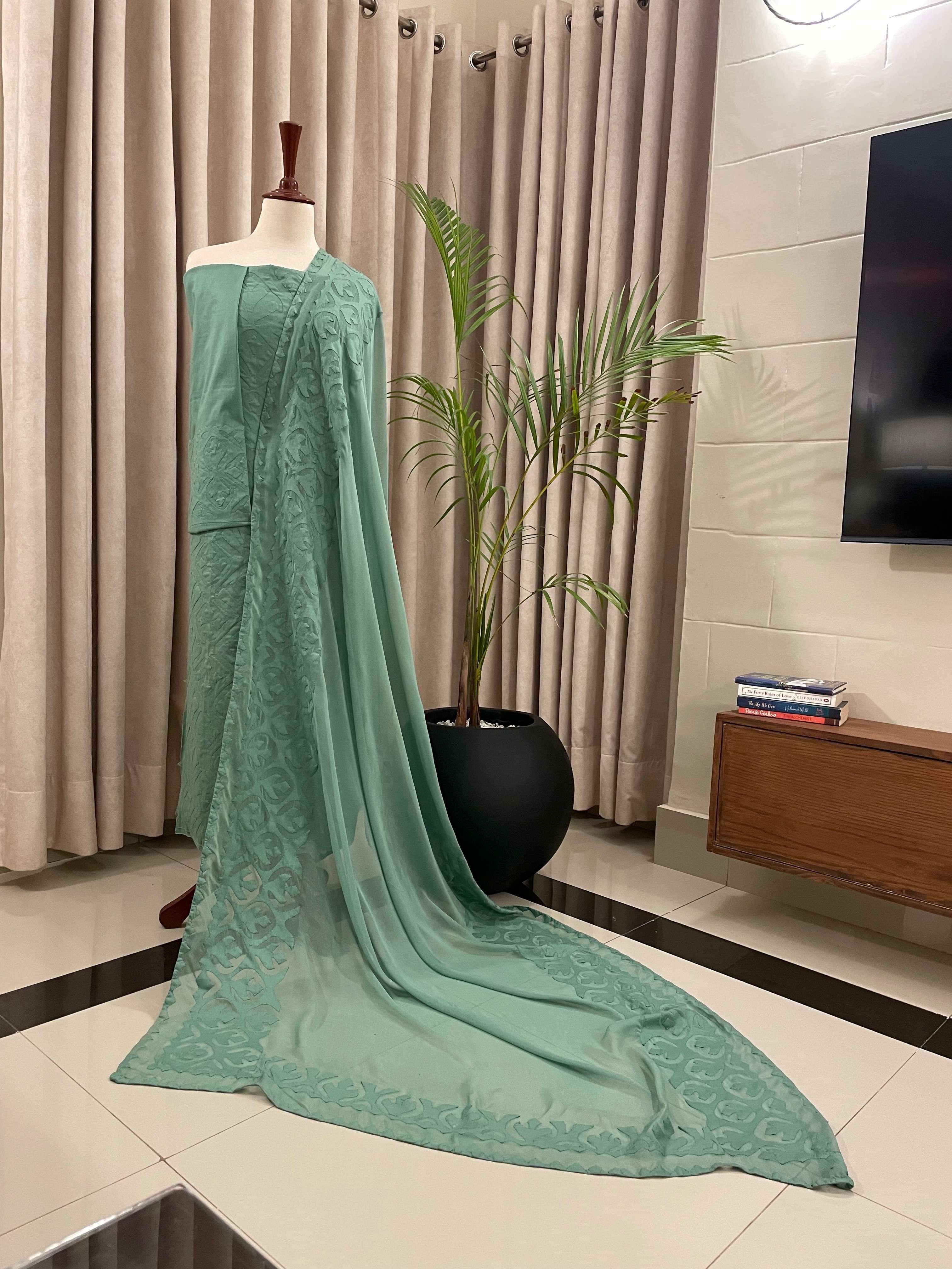 3 PIECE - UNSTITCHED APPLIQUE LAWN COTTON SUIT (AA-11)